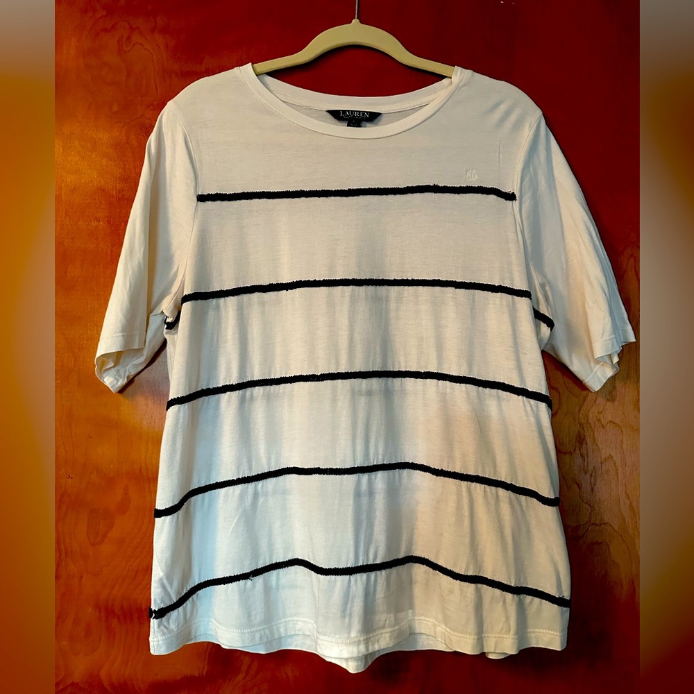 Lauren Ralph Lauren Cream T-Shirt with Black Sequin Stripes, Size L
